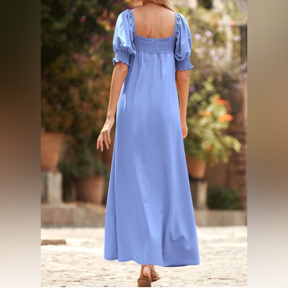 Light Blue Smocked Maxi Dress with Pockets - Picture 5 of 8